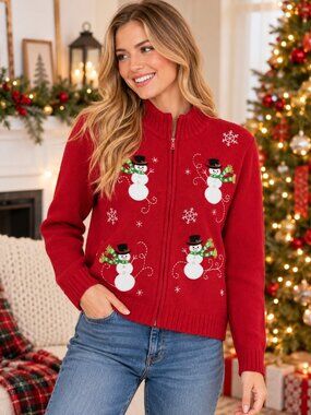 Vintage Classic Elements Red Snowman Christmas Zip Up Cardigan Sweater S
